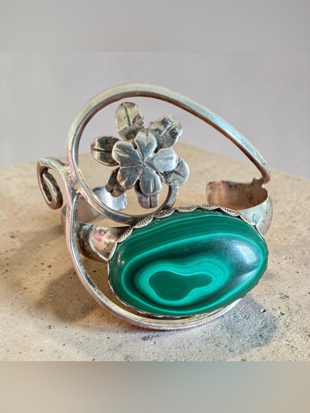 Signed By Navajo Artist Bill Kirkham Sterling Silver Cuff with Malachite